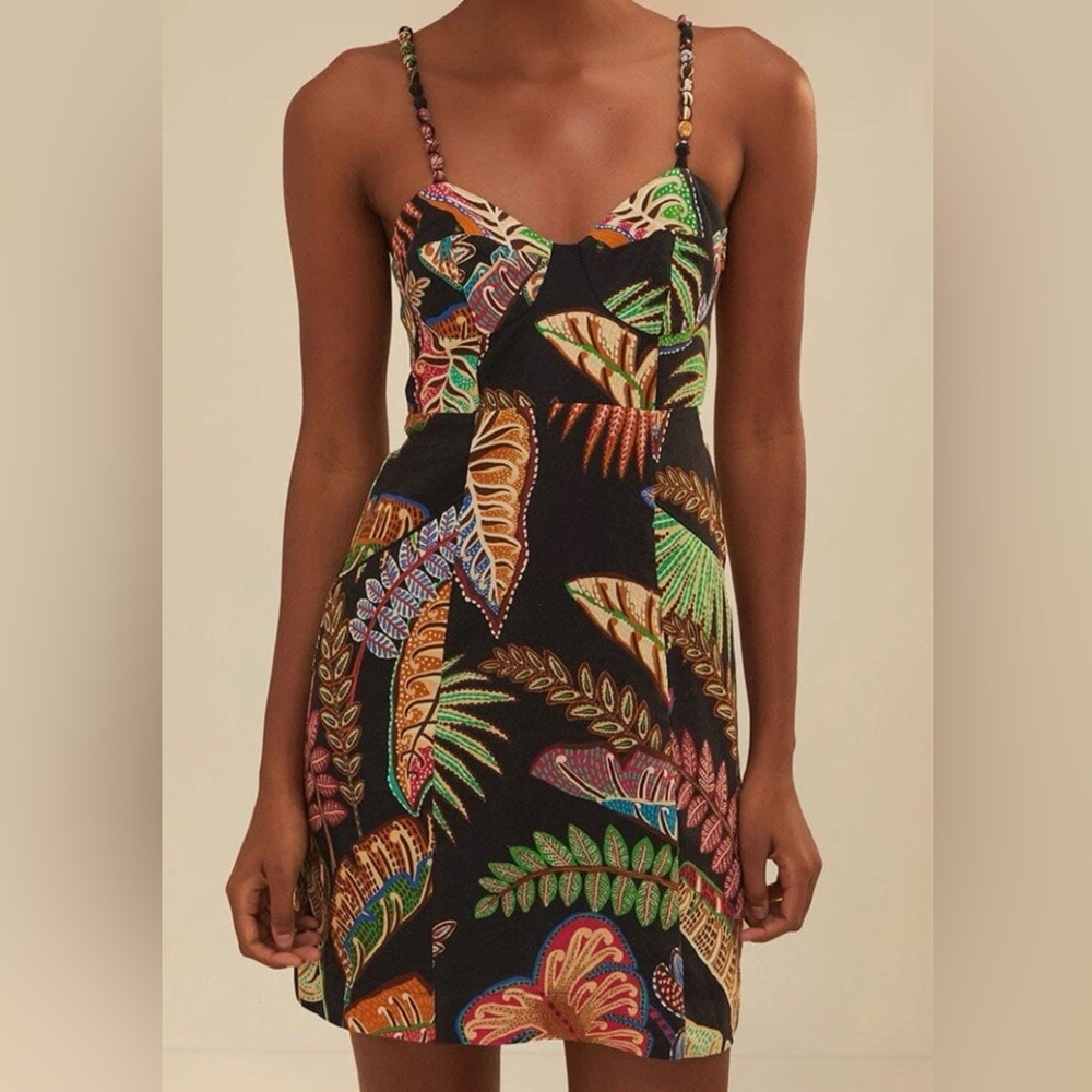 NWT FARM RIO Cool Foliage Corset Bodice Fabric Bead Straps Mini Dress Sz XS